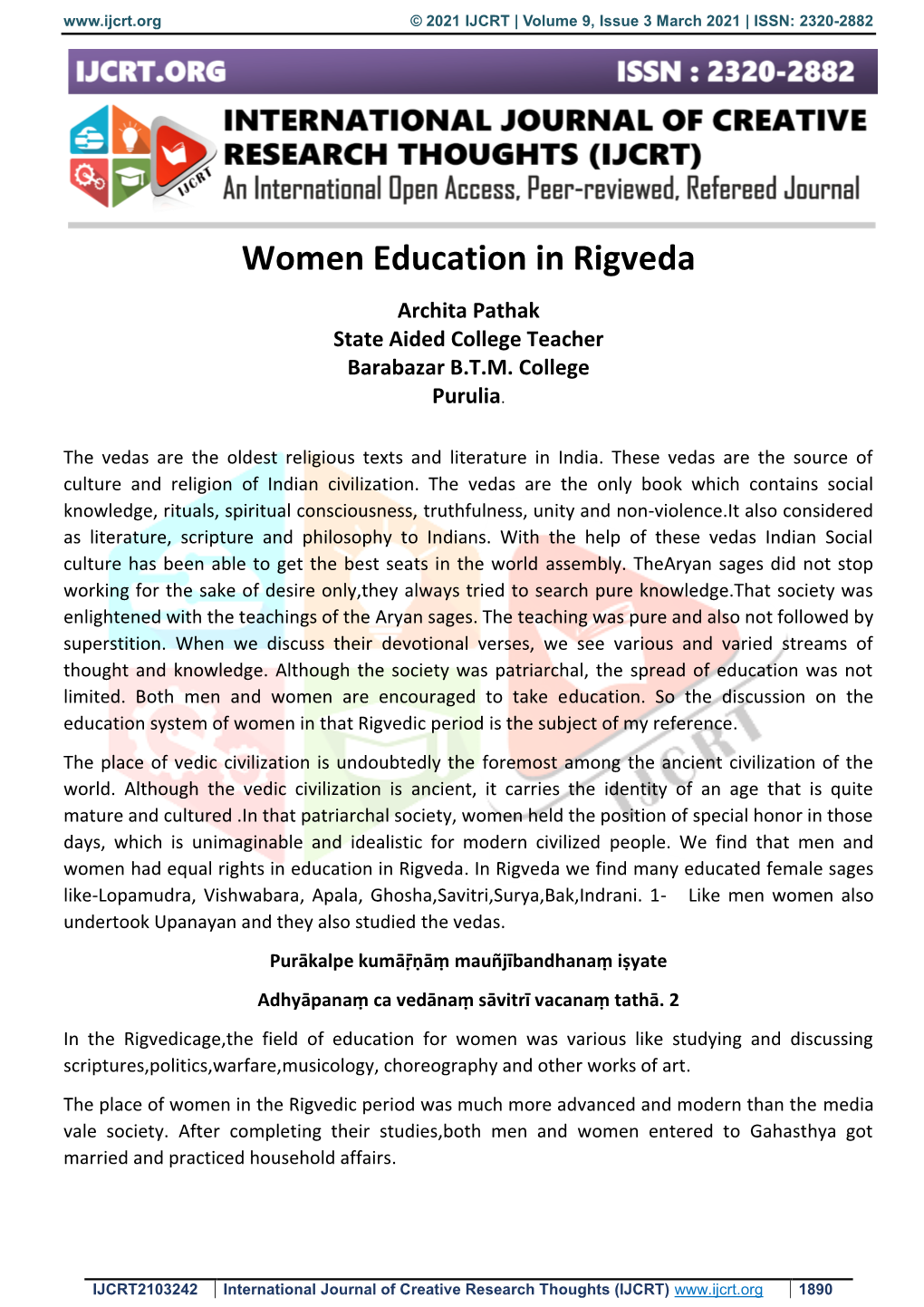 Women Education in Rigveda Archita Pathak State Aided College Teacher Barabazar B.T.M