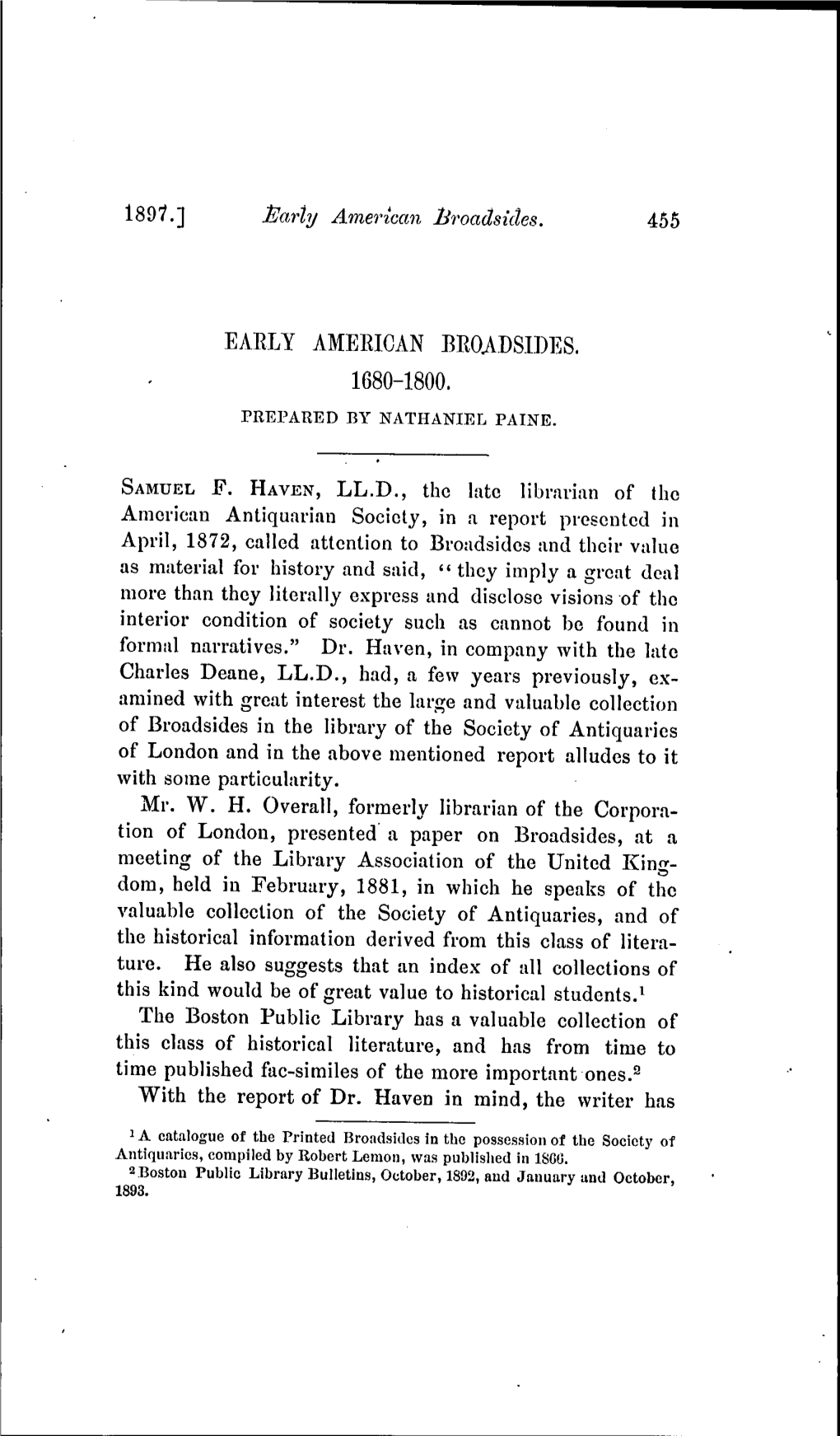 Eaely American Broadsides. 1680-1800. Prepared by Nathaniel Paine