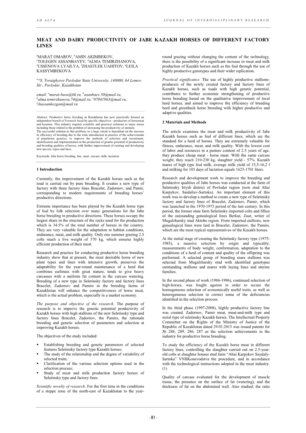 Meat and Dairy Productivity of Jabe Kazakh Horses Of