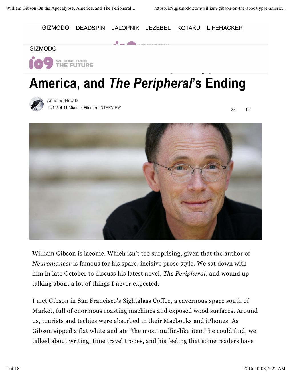 William Gibson on the Apocalypse, America, and the Peripheral's Ending