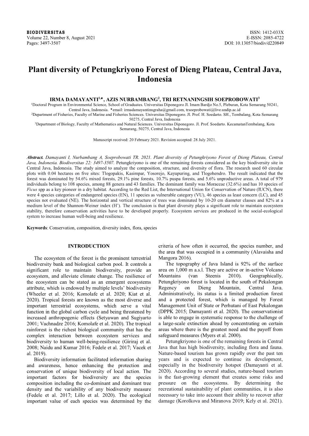 Plant Diversity of Petungkriyono Forest of Dieng Plateau, Central Java, Indonesia