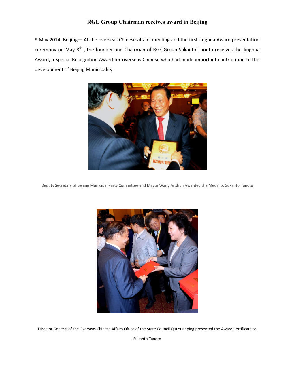 RGE Group Chairman Receives Award in Beijing