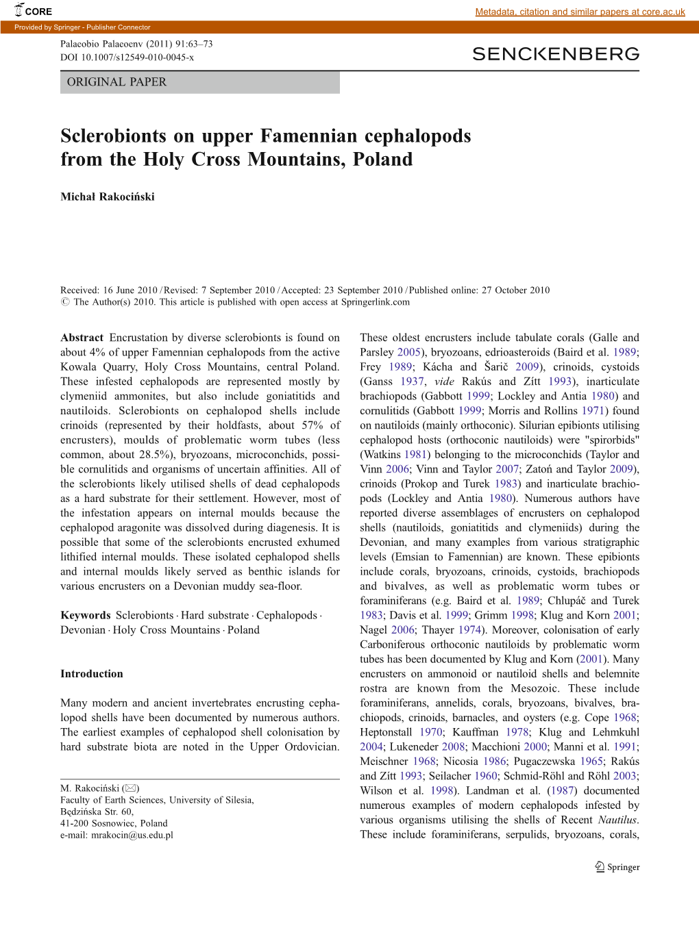 Sclerobionts on Upper Famennian Cephalopods from the Holy Cross Mountains, Poland