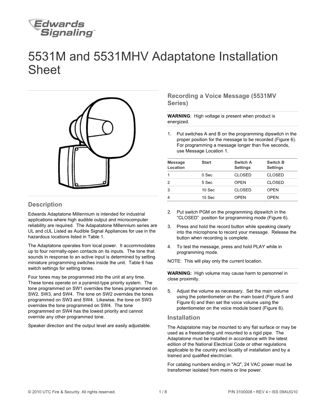 5531M and 5531MHV Adaptatone Installation Sheet