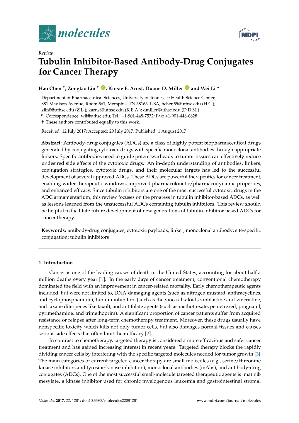 Tubulin Inhibitor-Based Antibody-Drug Conjugates for Cancer Therapy