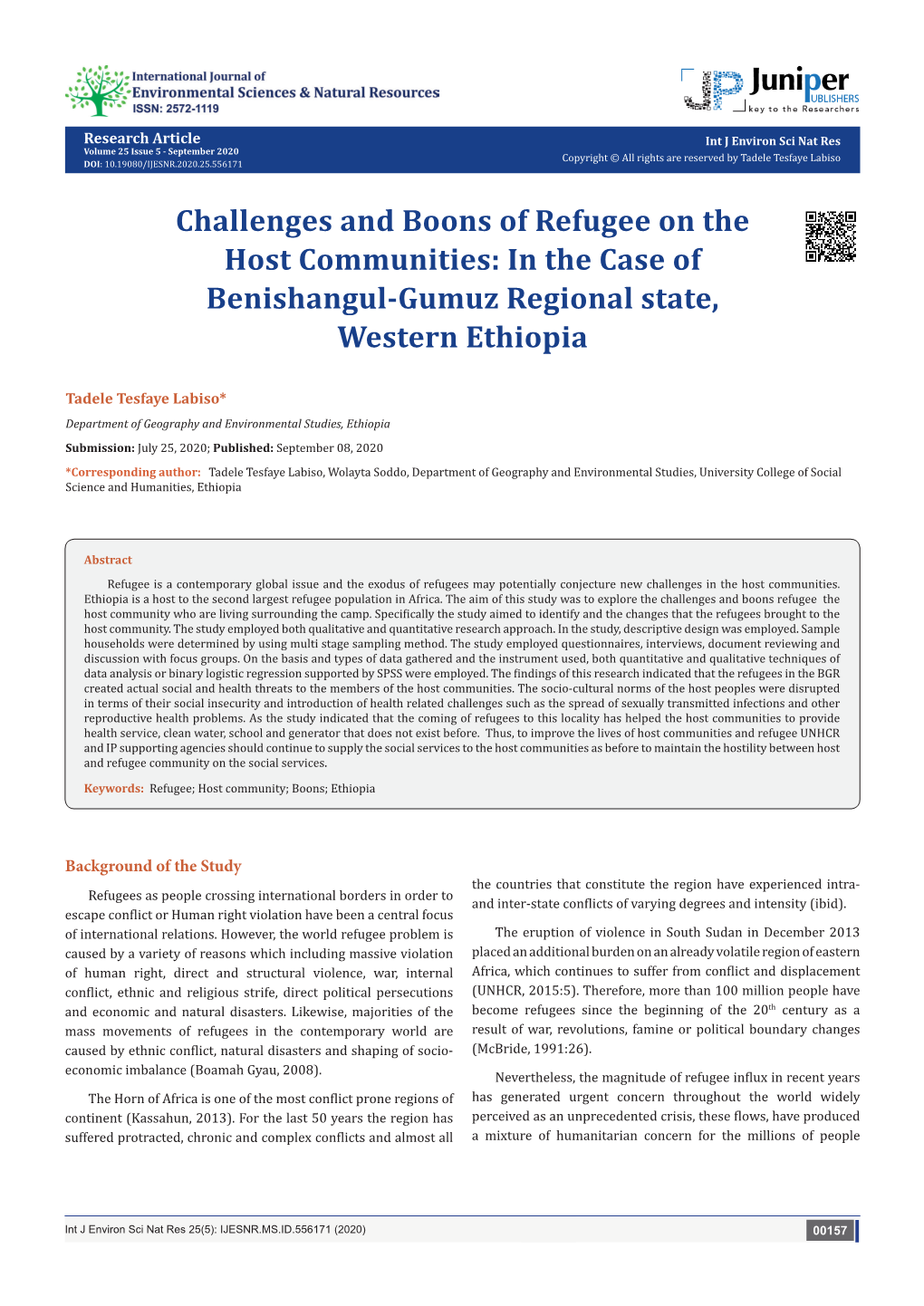 Challenges and Boons of Refugee on the Host Communities: in the Case of Benishangul-Gumuz Regional State, Western Ethiopia