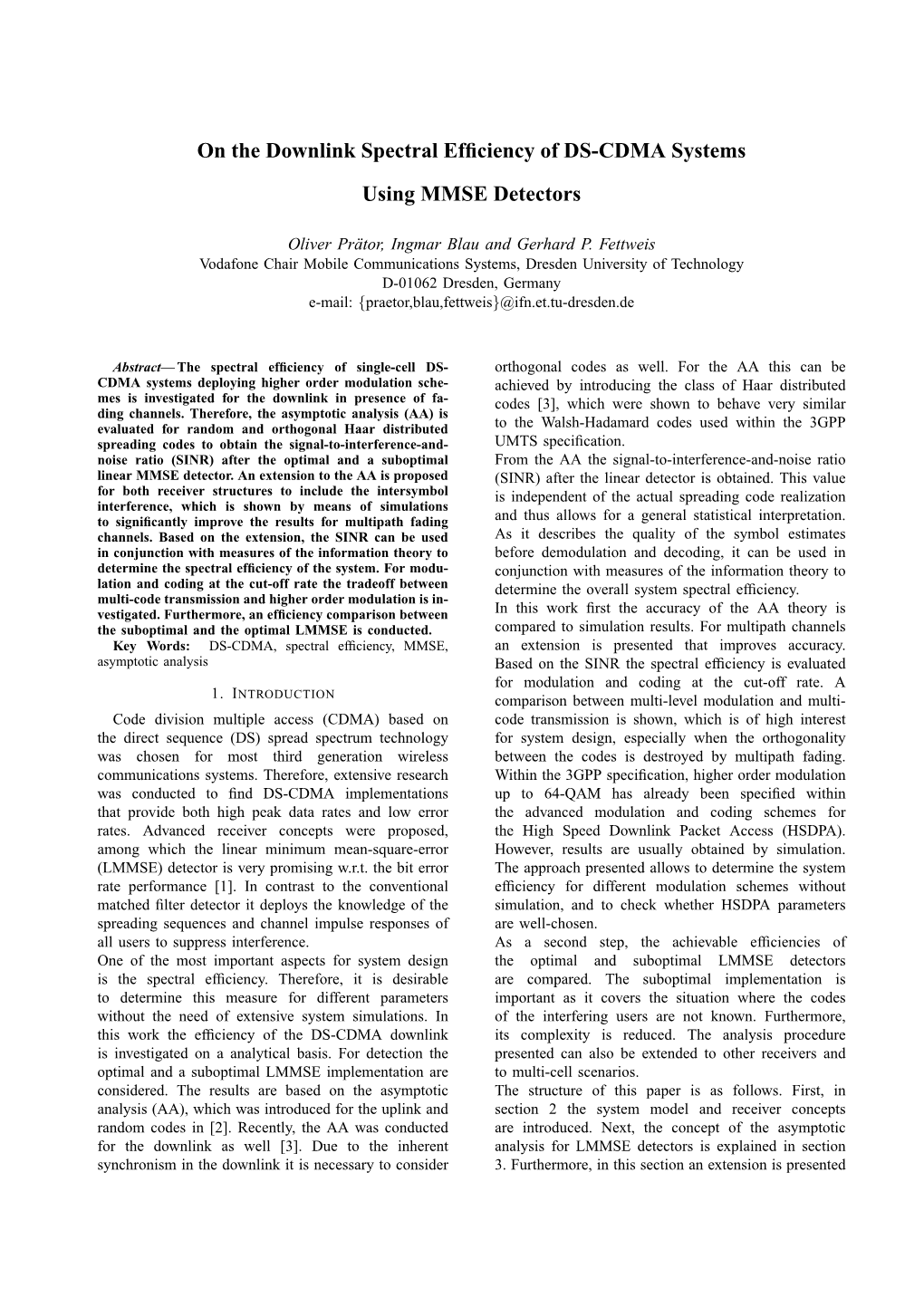 On the Downlink Spectral Efficiency of DS-CDMA Systems Using MMSE