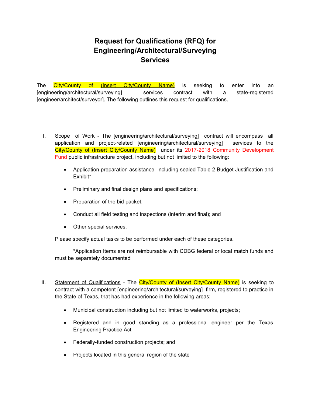 Request for Qualifications (RFQ) for Engineering/Architectural/Surveying