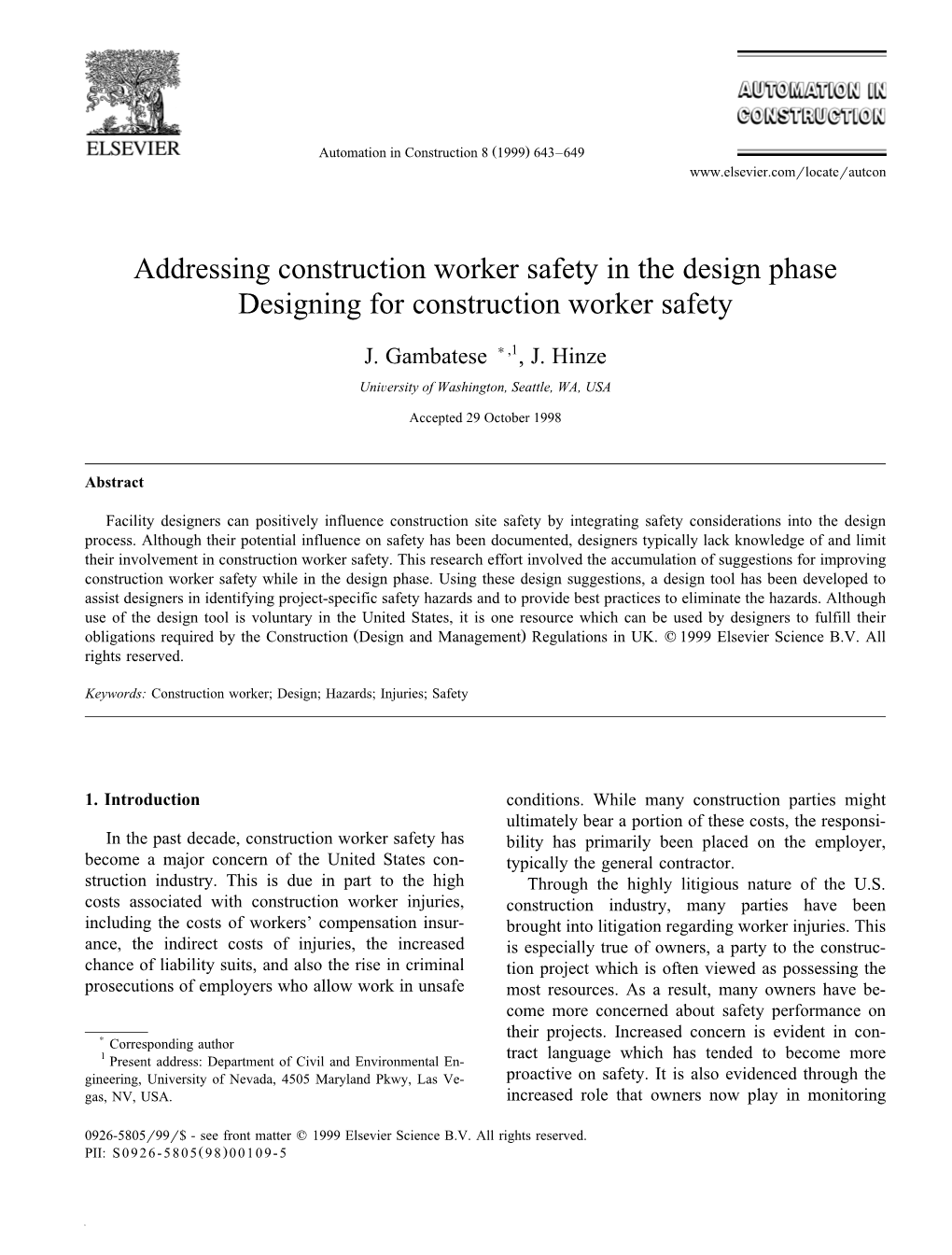 Addressing Construction Worker Safety in the Design Phase Designing for Construction Worker Safety