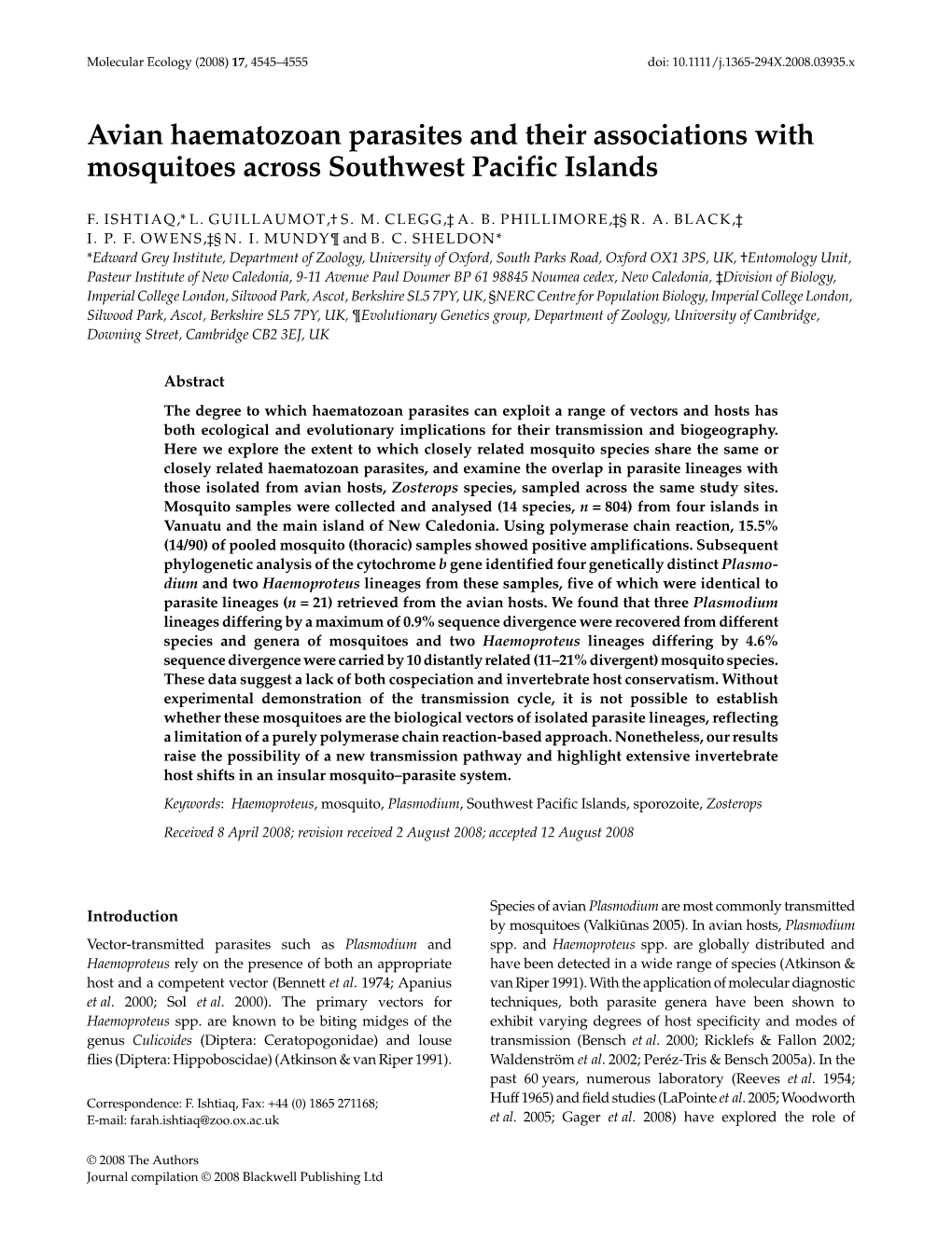 Avian Haematozoan Parasites and Their Associations with Mosquitoes 4547