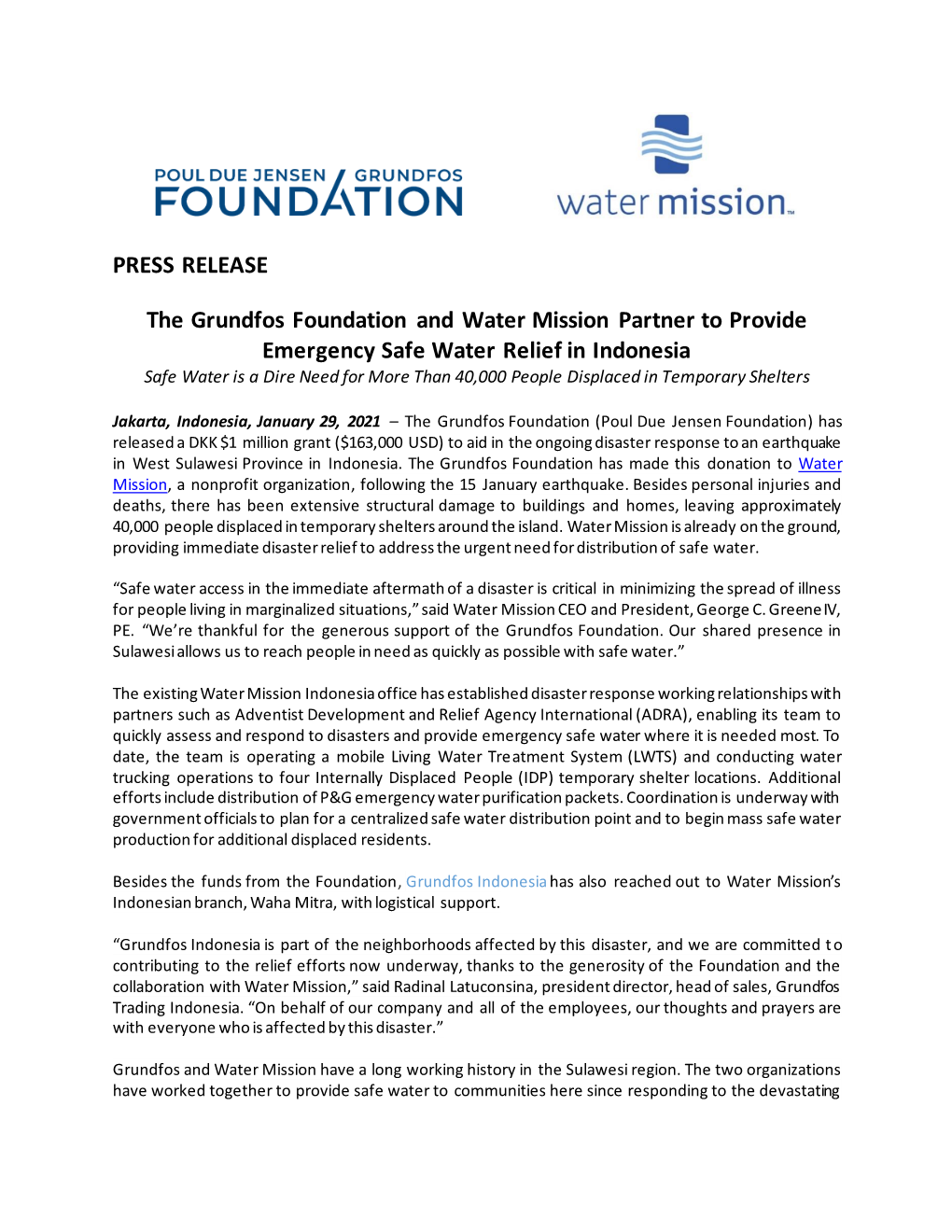 PRESS RELEASE the Grundfos Foundation and Water Mission