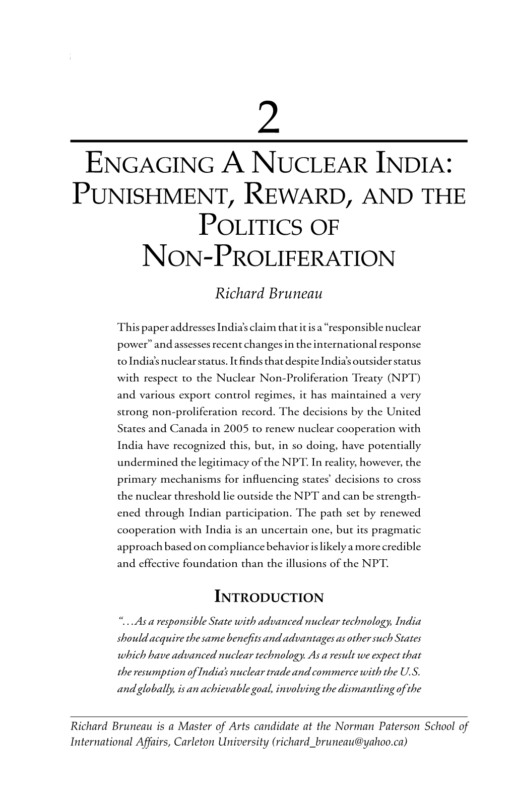 Engaging a Nuclear India: Punishment, Reward, and the Politics of Non-Proliferation