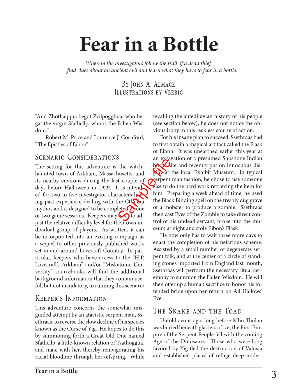 Fear in a Bottle Wherein the Investigators Follow the Trail of a Dead Thief, Nd Clues About an Ancient Evil and Learn What They Have to Fear in a Bottle