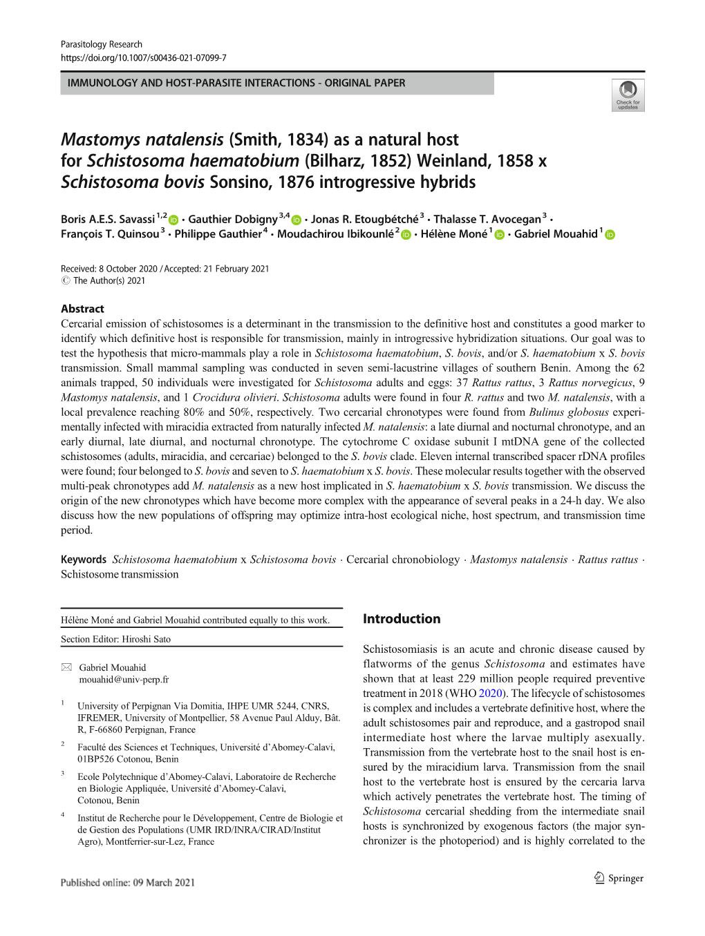 Mastomys Natalensis (Smith, 1834) As a Natural Host for Schistosoma Haematobium (Bilharz, 1852) Weinland, 1858 X Schistosoma Bovis Sonsino, 1876 Introgressive Hybrids