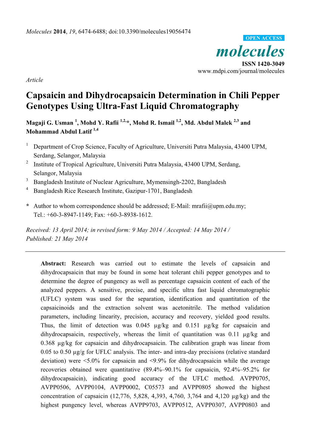 Capsaicin and Dihydrocapsaicin Determination in Chili Pepper Genotypes Using Ultra-Fast Liquid Chromatography