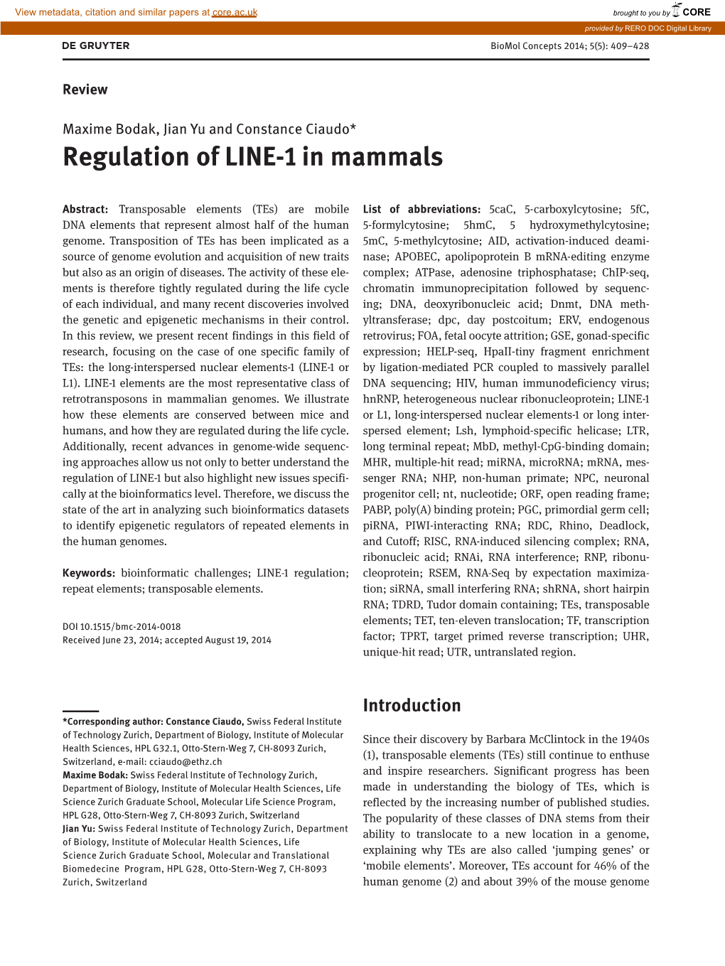 Regulation of LINE-1 in Mammals