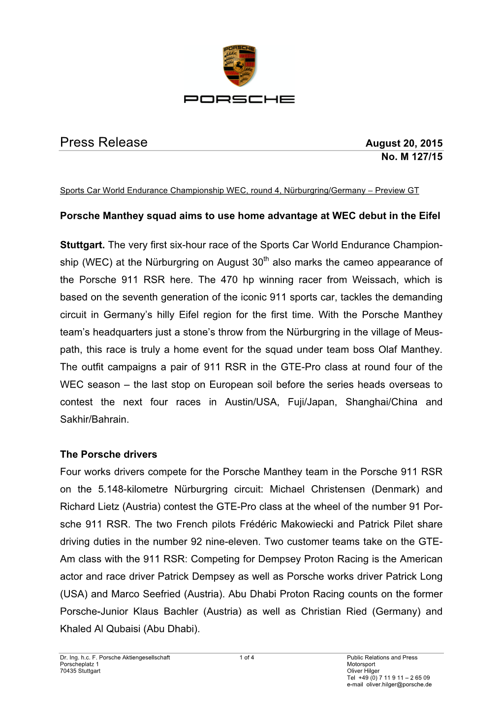 Press Release August 20, 2015 No