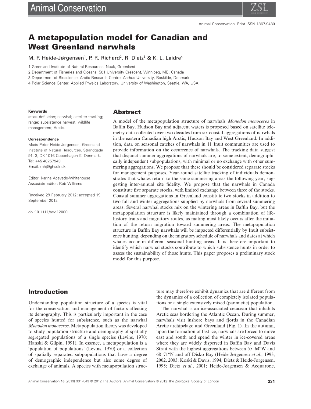 A Metapopulation Model for Canadian and West Greenland Narwhals M