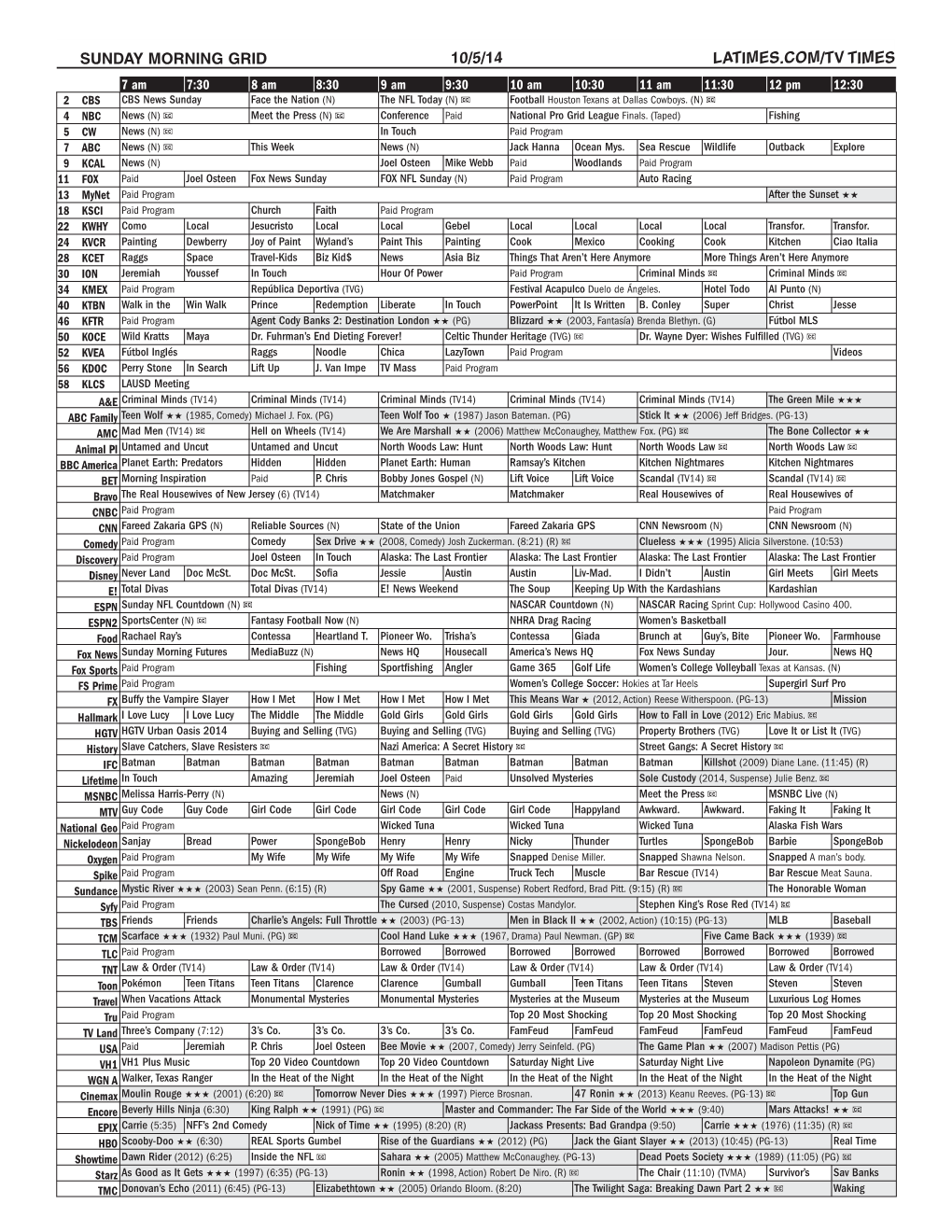 Sunday Morning Grid 10/5/14 Latimes.Com/Tv Times