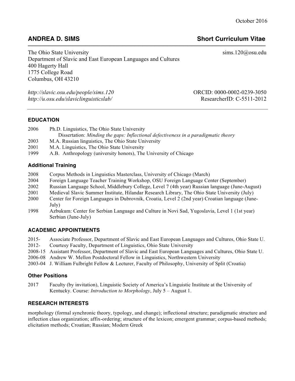 ANDREA D. SIMS Short Curriculum Vitae