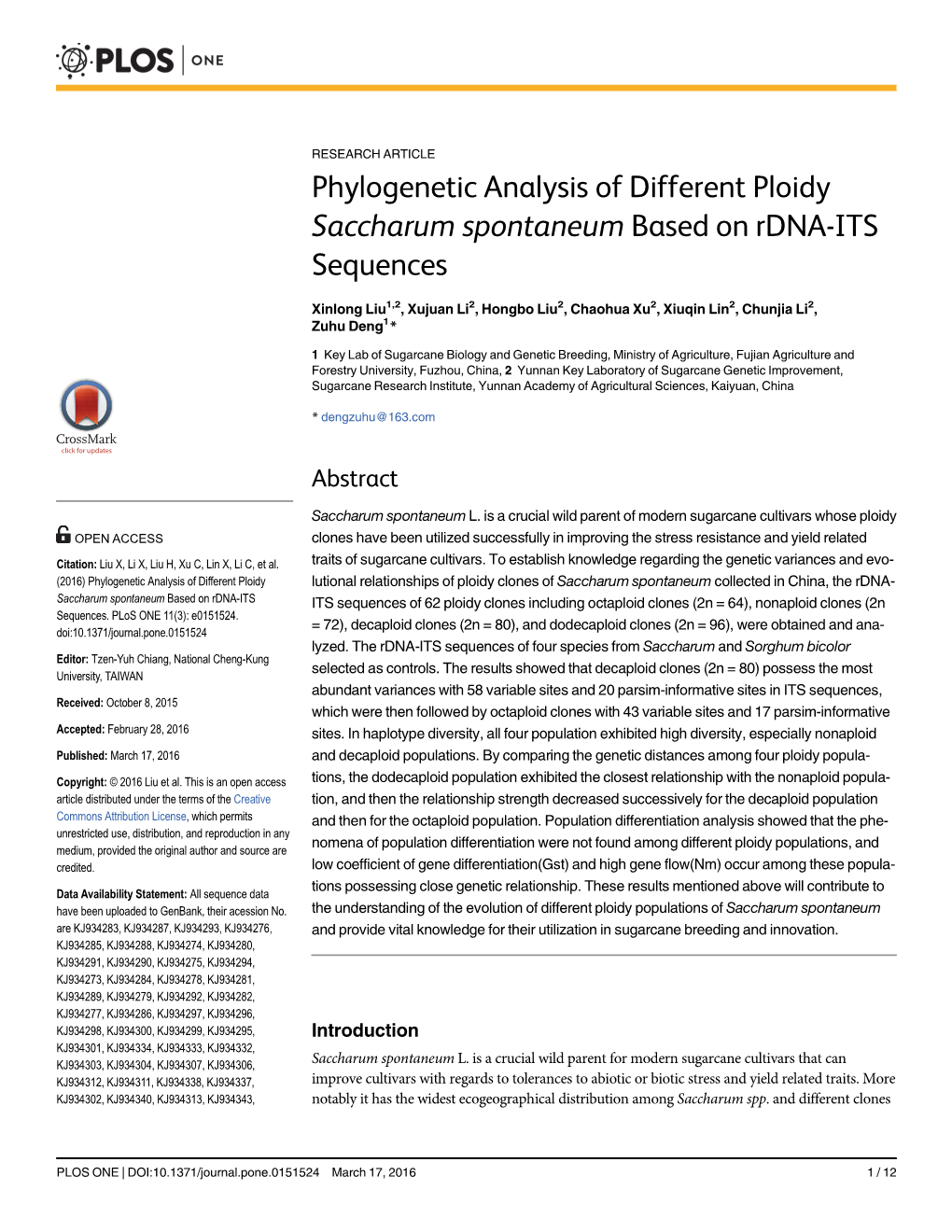 Phylogenetic Analysis of Different Ploidy Saccharum Spontaneum Based on Rdna-ITS Sequences