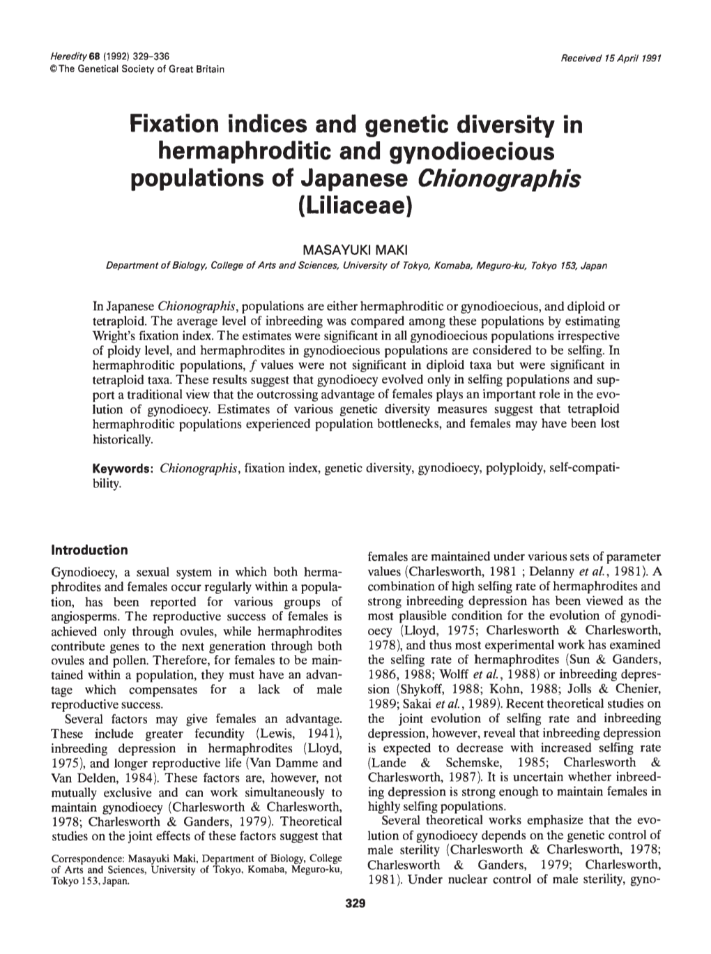 Fixation Indices and Genetic Diversity in Hermaphroditic and Gynodioecious Populations of Japanese Chionographis (Liliaceae)