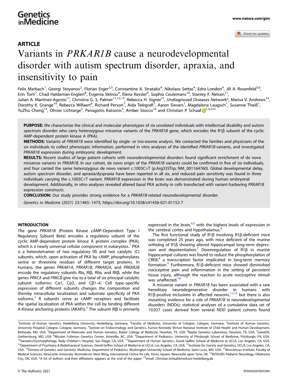 Variants in PRKAR1B Cause a Neurodevelopmental Disorder with Autism Spectrum Disorder, Apraxia, and Insensitivity to Pain