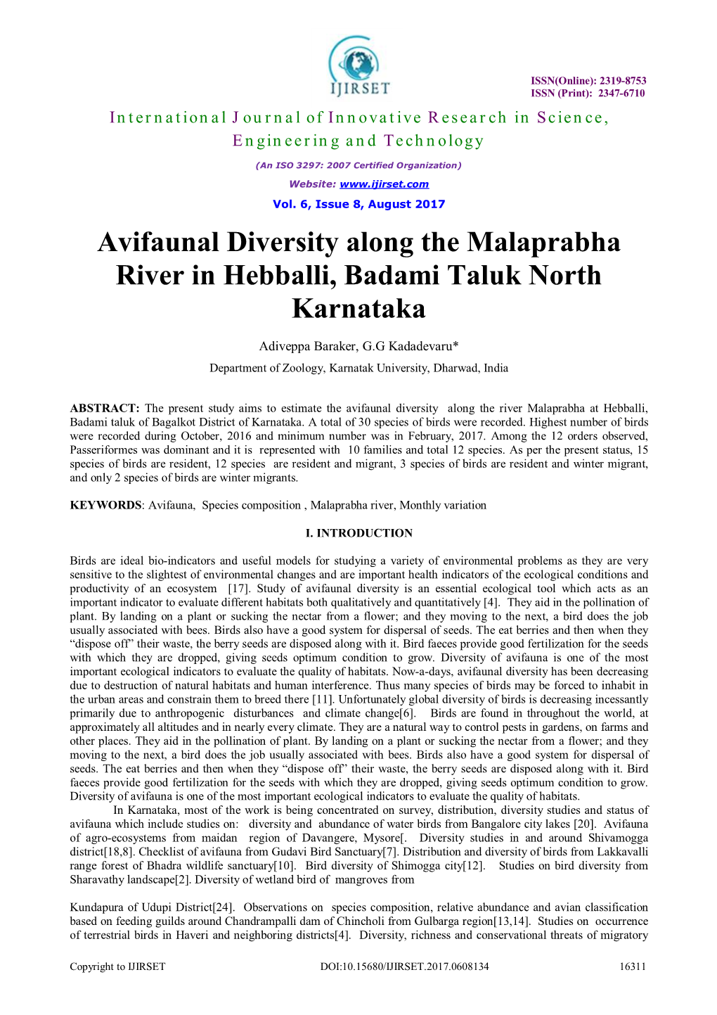 Avifaunal Diversity Along the Malaprabha River in Hebballi, Badami Taluk North Karnataka