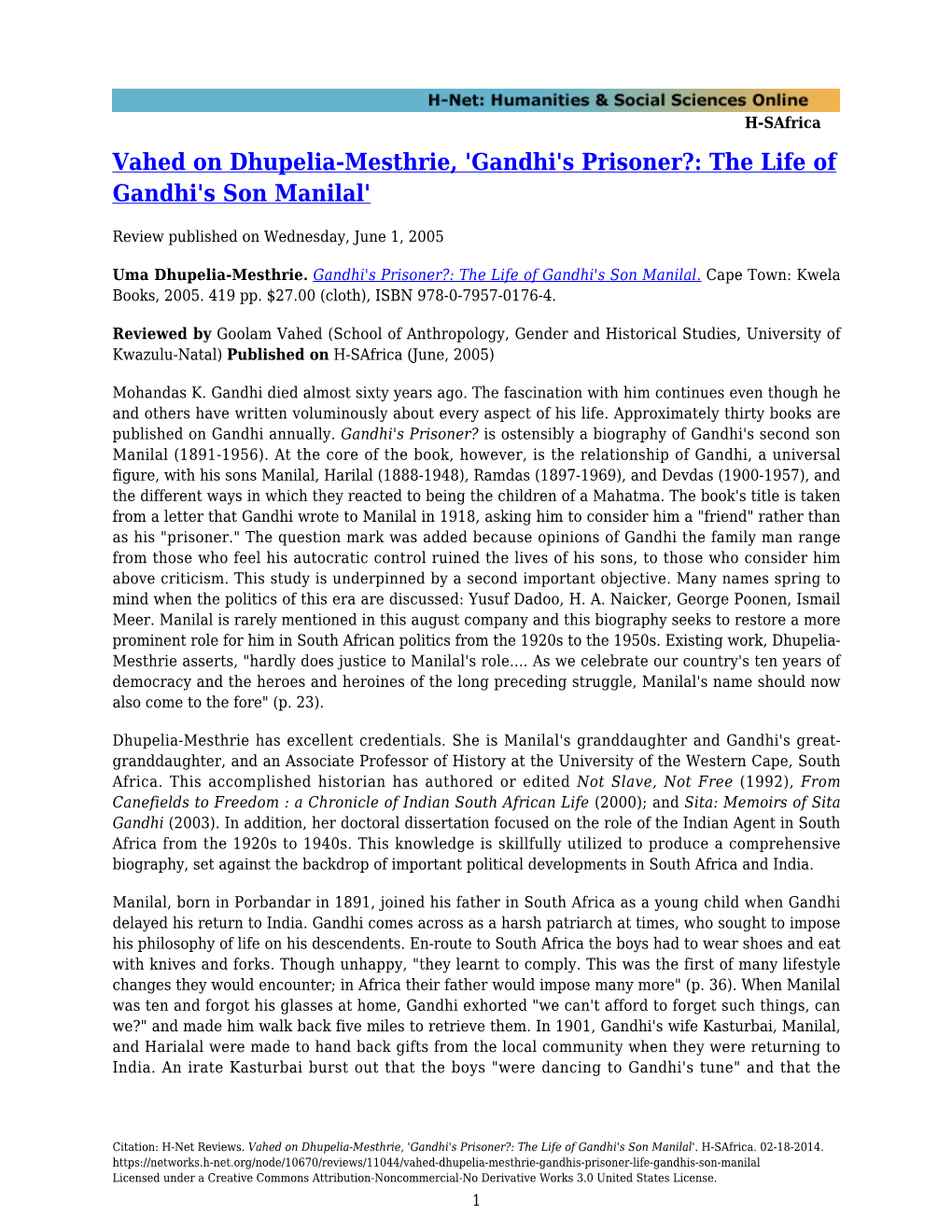 'Gandhi's Prisoner?: the Life of Gandhi's Son Manilal'