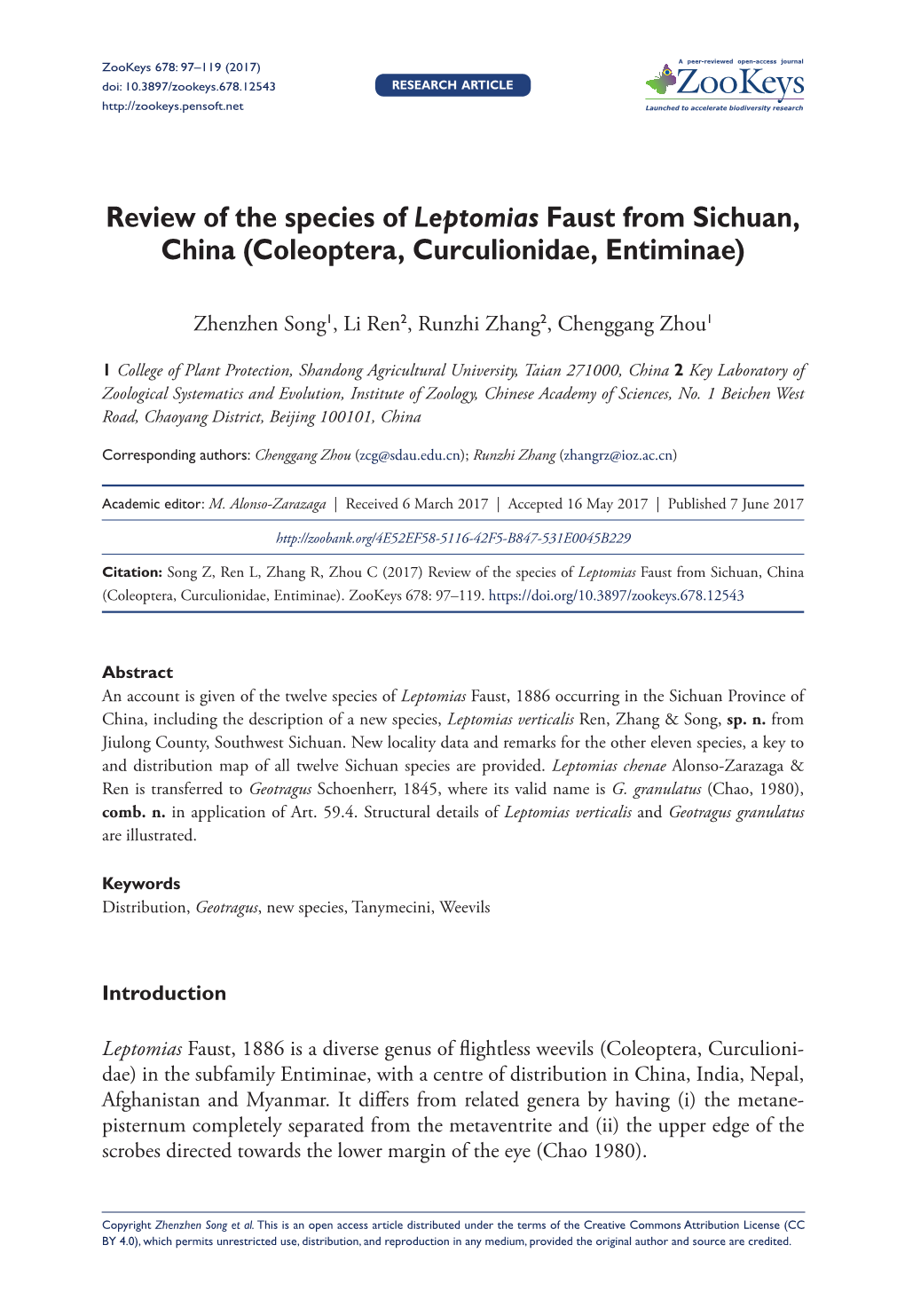 ﻿﻿﻿﻿Review of ﻿﻿The Species of Leptomias Faust from ﻿﻿Sichuan, China