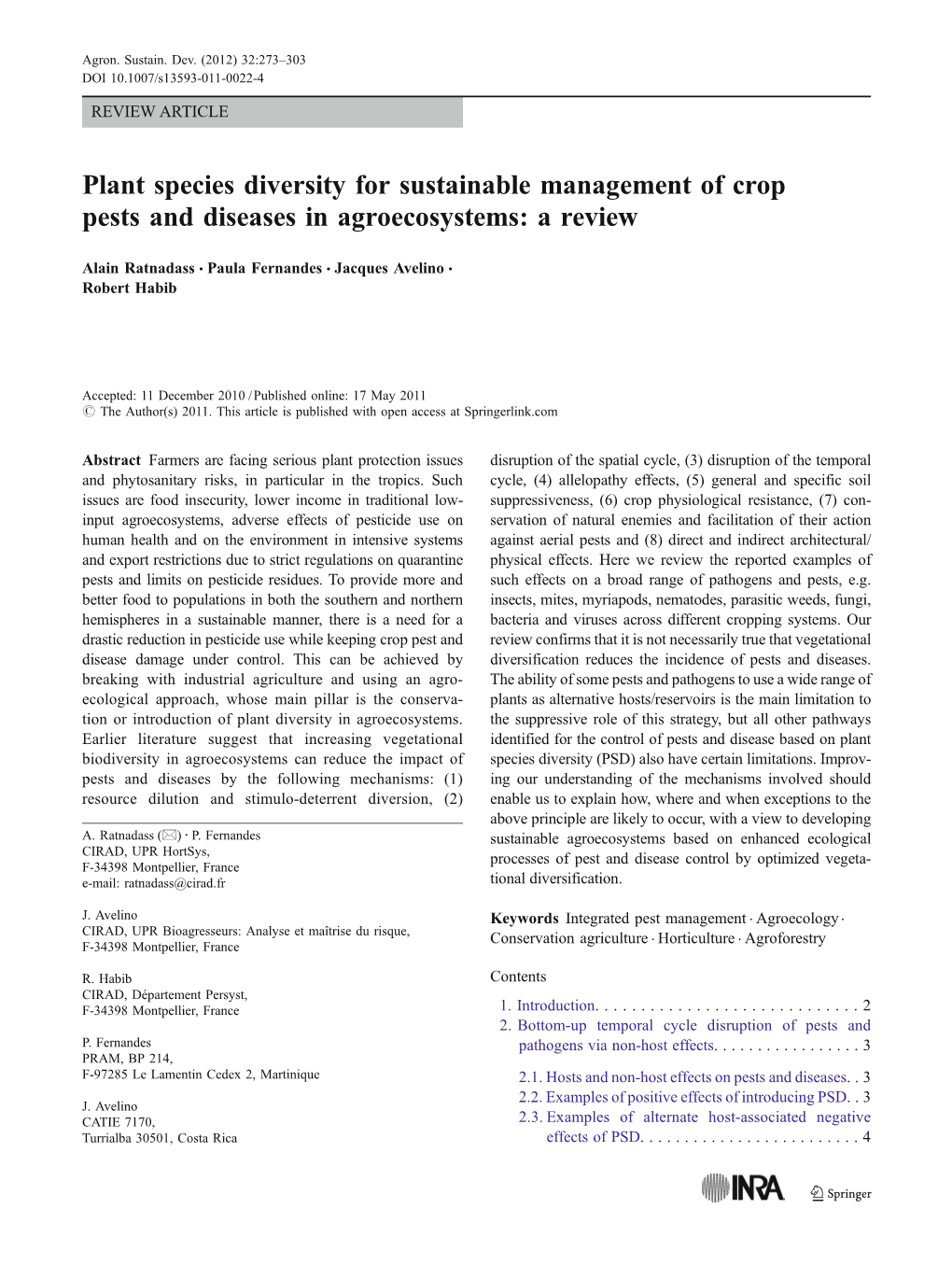 Plant Species Diversity for Sustainable Management of Crop Pests and Diseases in Agroecosystems: a Review