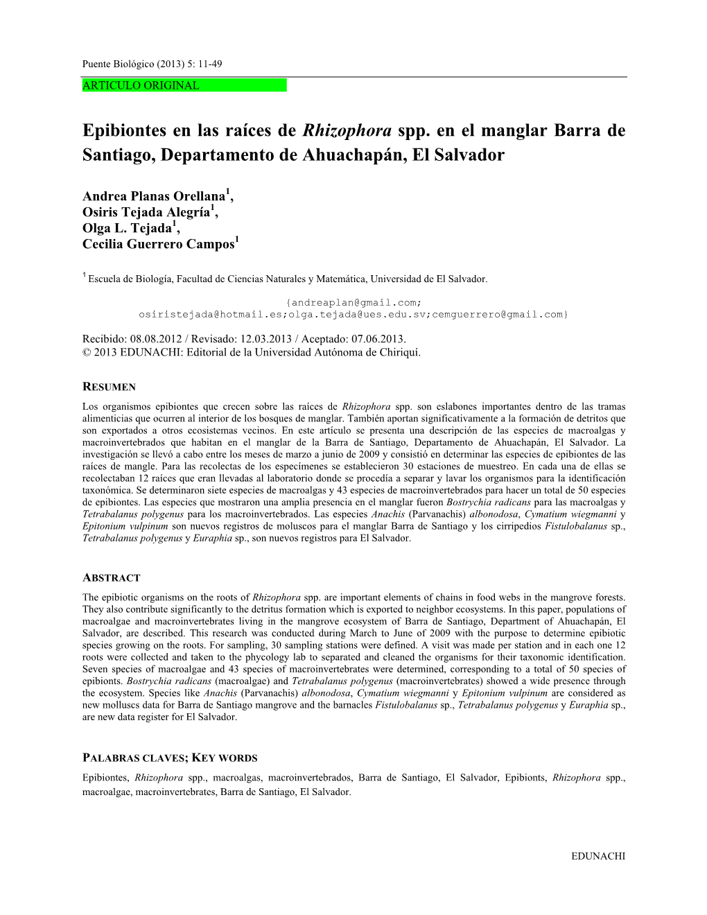 Epibiontes En Las Raíces De Rhizophora Spp. En El Manglar Barra De Santiago, Departamento De Ahuachapán, El Salvador