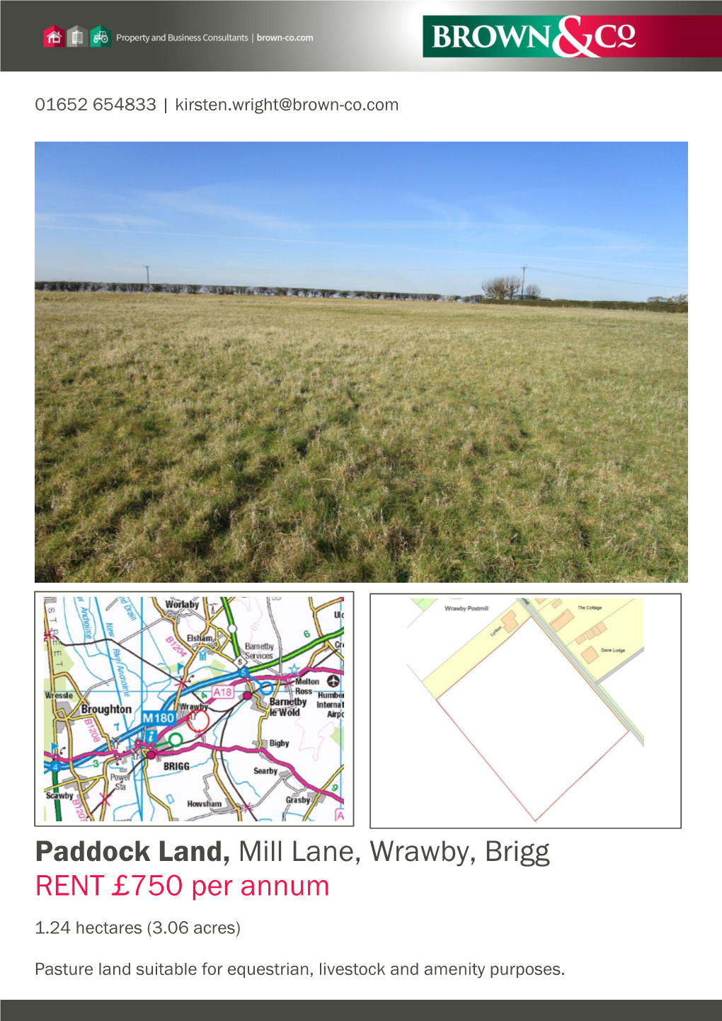 Paddock Land, Mill Lane, Wrawby, Brigg RENT £750 Per Annum 1.24 Hectares (3.06 Acres)