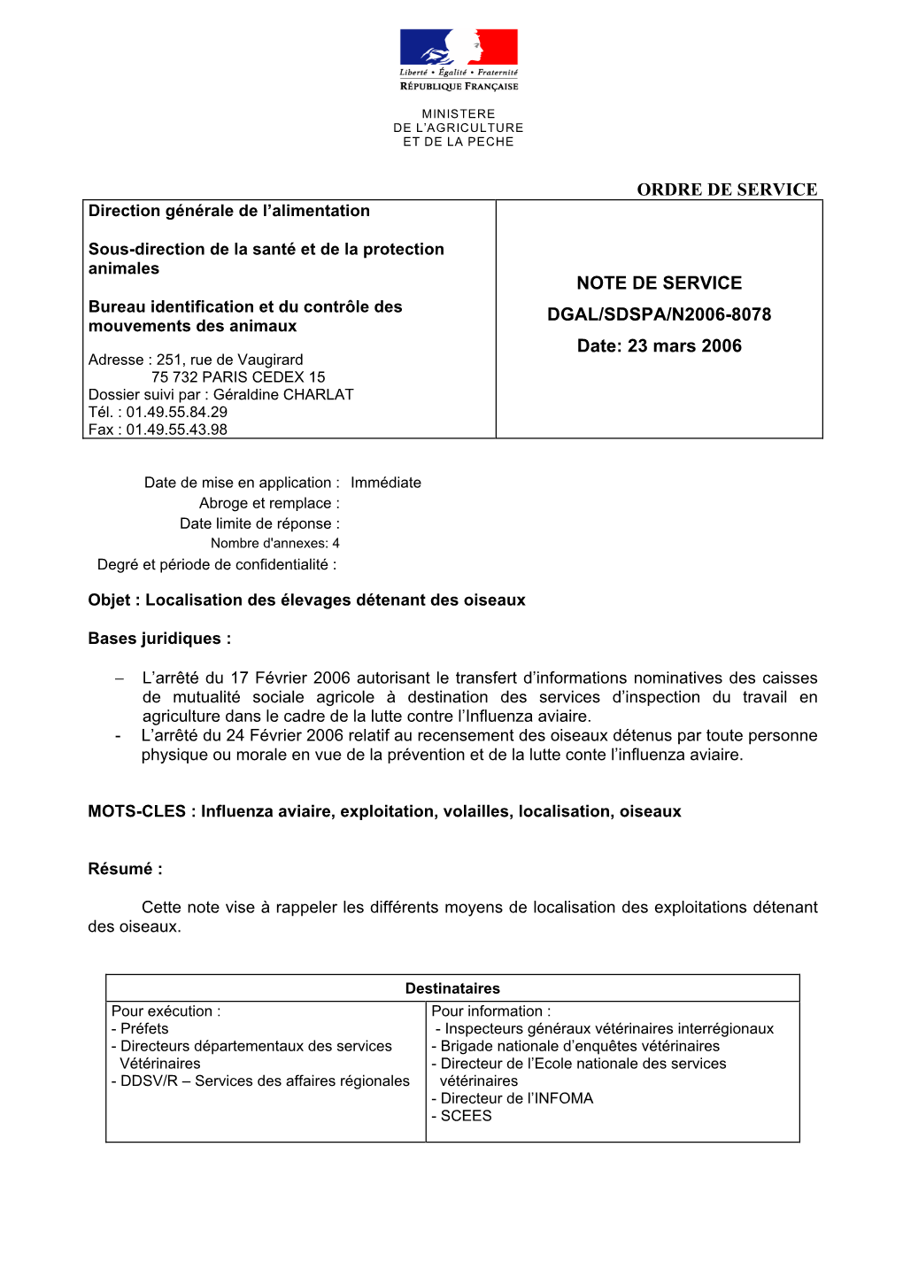 Ordre De Service Note De Service Dgal/Sdspa/N2006
