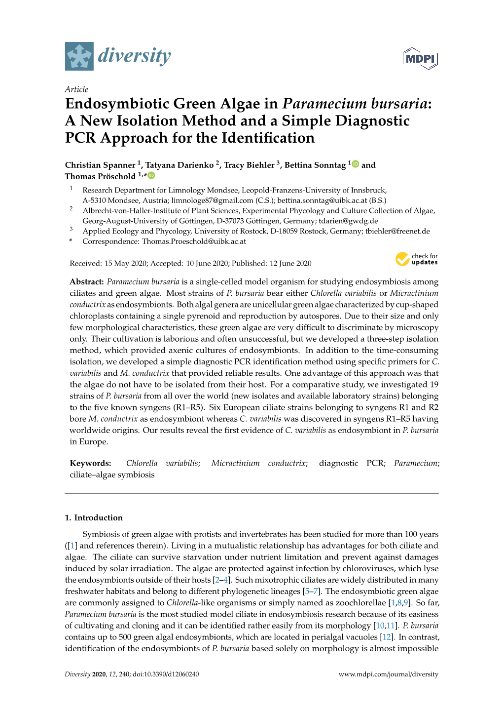 Endosymbiotic Green Algae in Paramecium Bursaria: a New Isolation Method and a Simple Diagnostic PCR Approach for the Identification