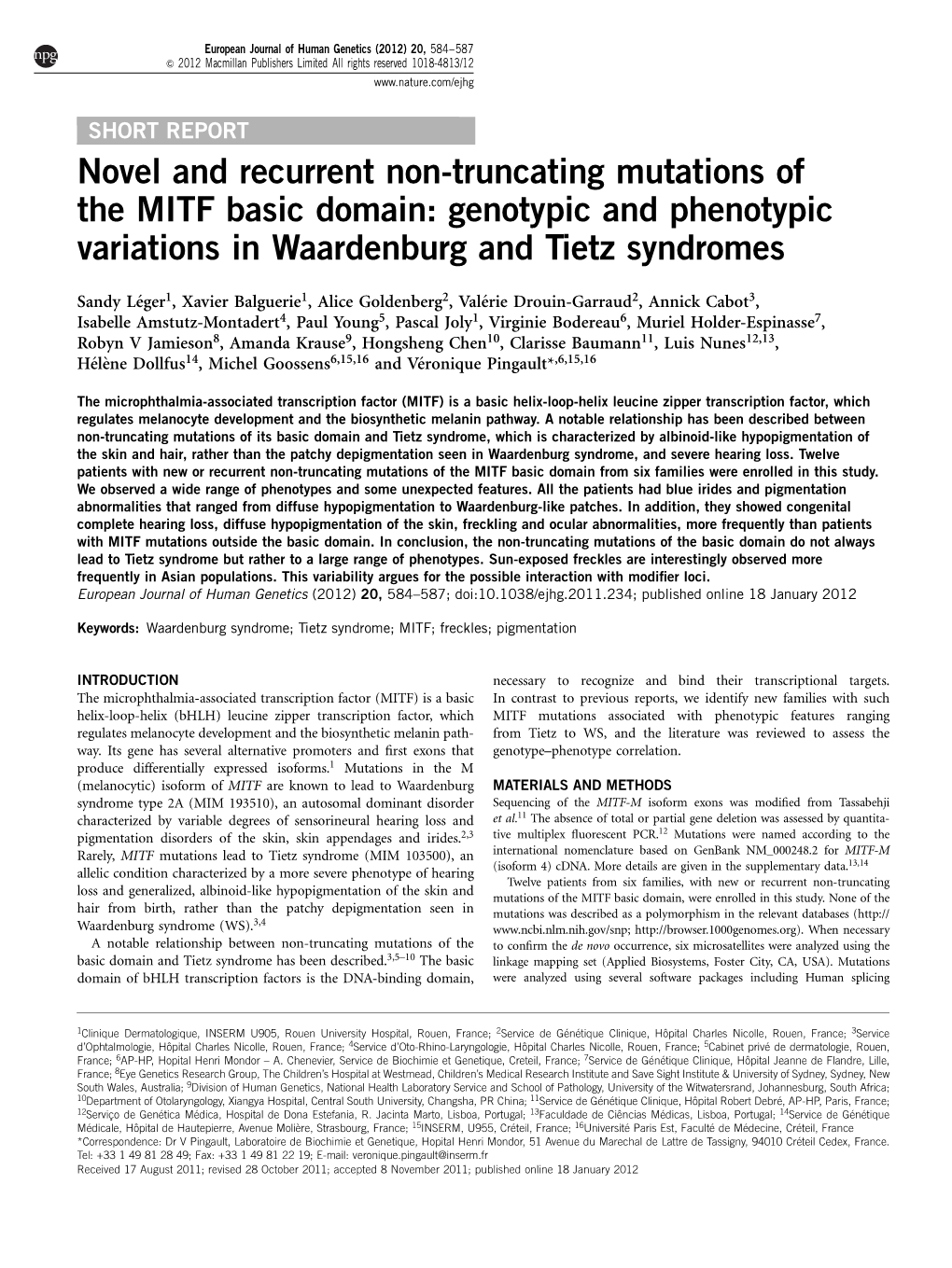 Novel and Recurrent Non-Truncating Mutations of the MITF Basic Domain: Genotypic and Phenotypic Variations in Waardenburg and Tietz Syndromes