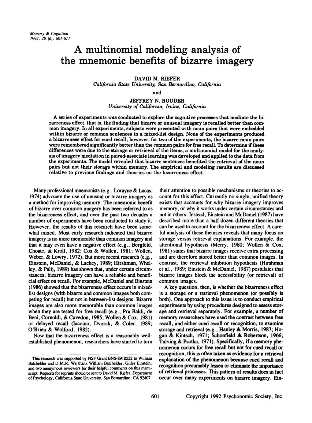 A Multinomial Modeling Analysis of the Mnemonic Benefits of Bizarre Imagery