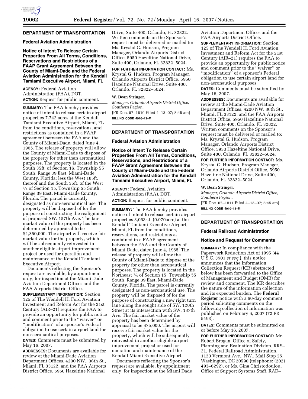 Federal Register/Vol. 72, No. 72/Monday, April 16, 2007/Notices
