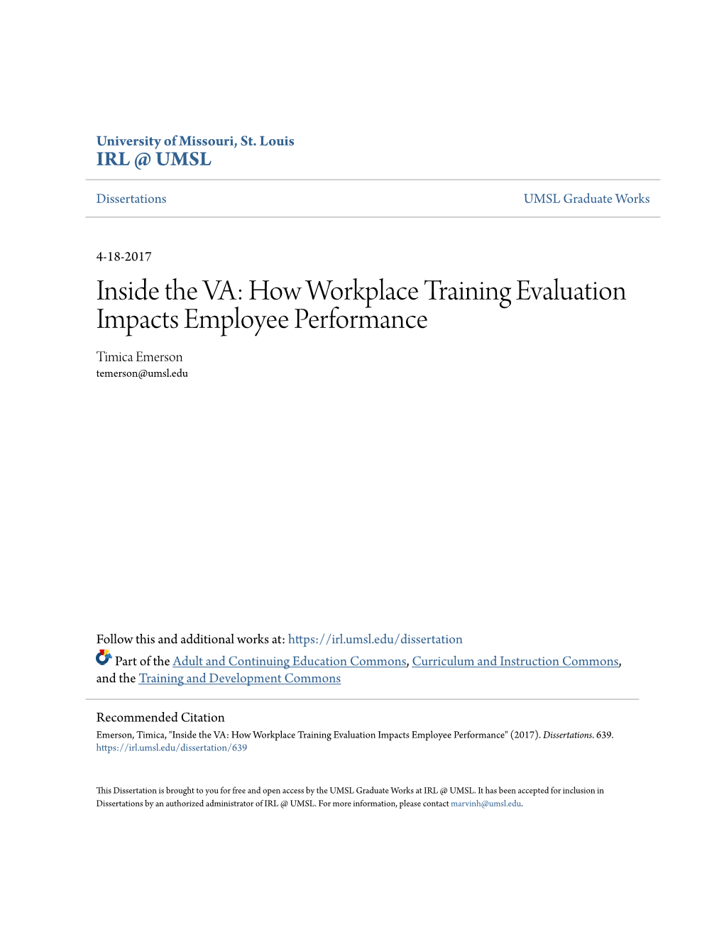 How Workplace Training Evaluation Impacts Employee Performance Timica Emerson Temerson@Umsl.Edu