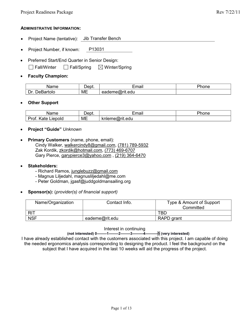 Project Readiness Package Rev 7/22/11