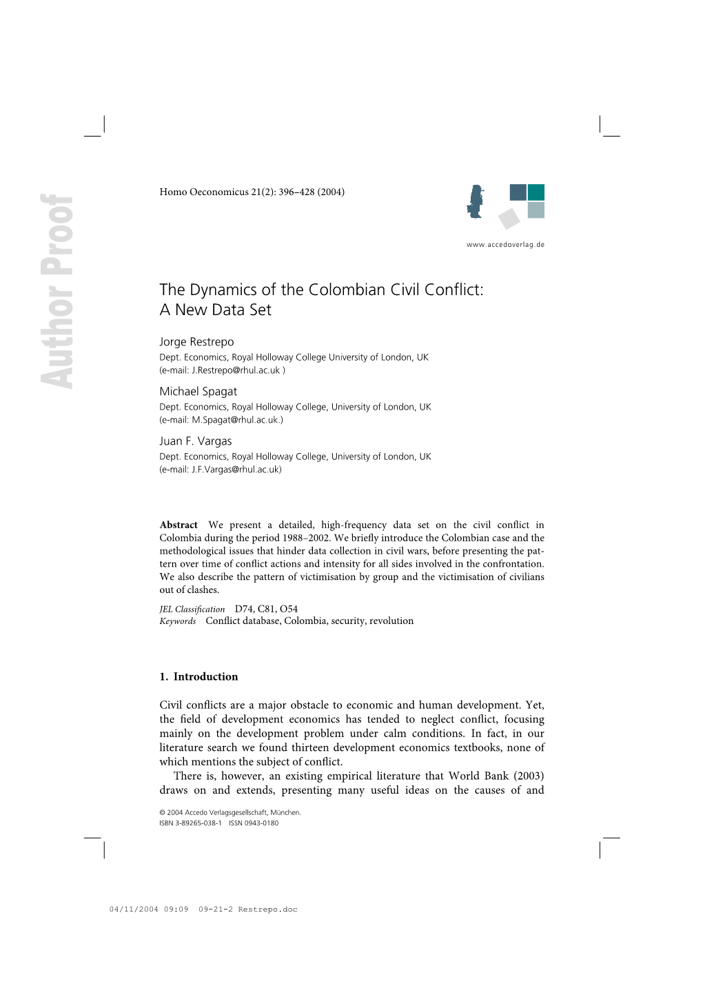 The Dynamics of the Colombian Civil Conflict: a New Data Set