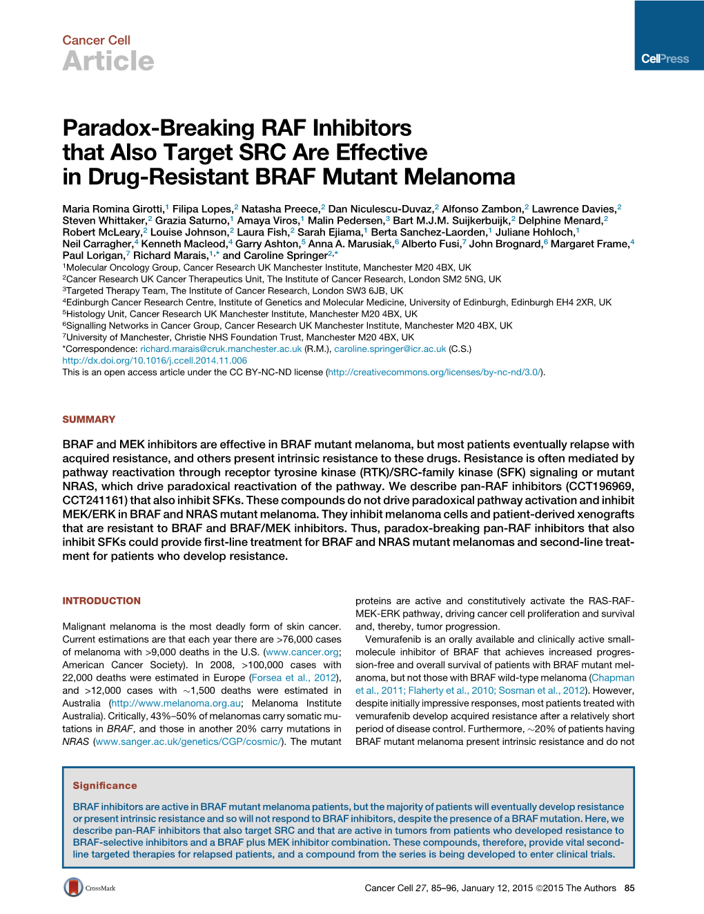 Paradox-Breaking RAF Inhibitors That Also Target SRC Are Effective in Drug-Resistant BRAF Mutant Melanoma