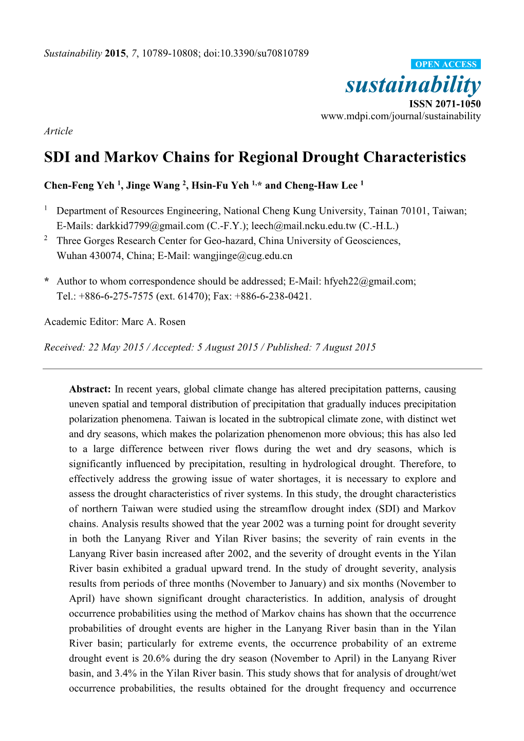 SDI and Markov Chains for Regional Drought Characteristics