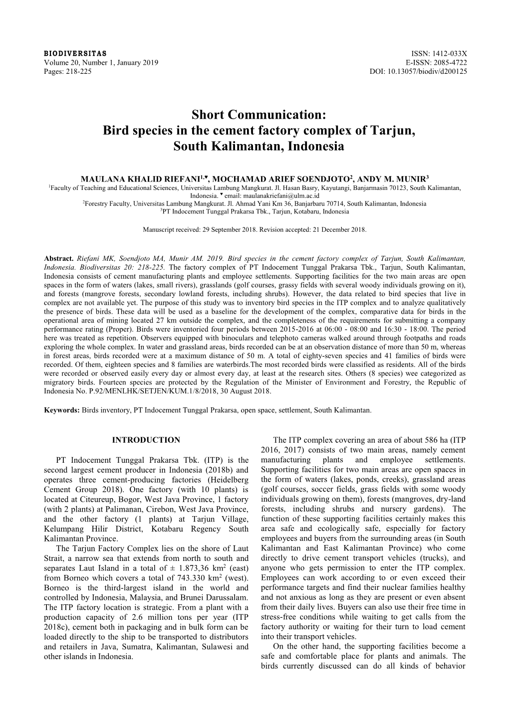 Bird Species in the Cement Factory Complex of Tarjun, South Kalimantan, Indonesia