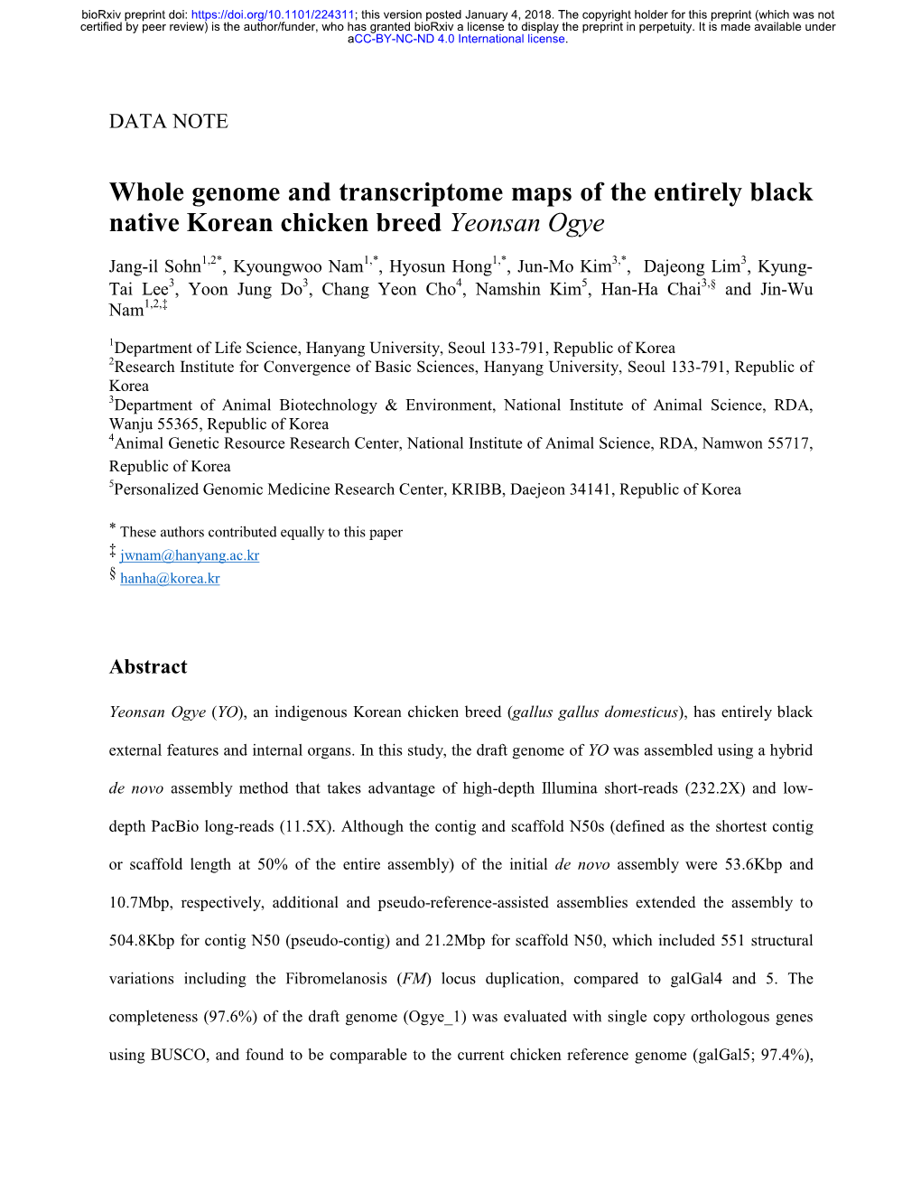 Whole Genome and Transcriptome Maps of the Entirely Black Native Korean Chicken Breed Yeonsan Ogye