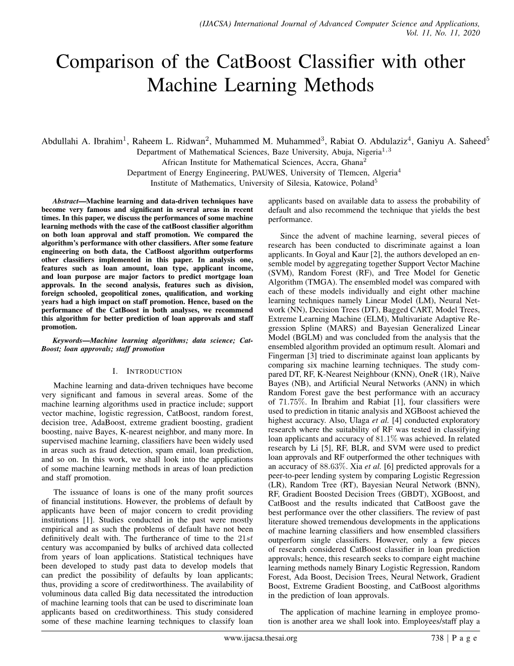 Comparison of the Catboost Classifier with Other Machine Learning Methods