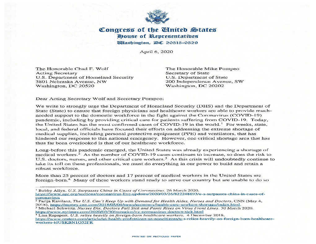 Letter to DHS and State on Foreign Physicians and Healthcare Workers Co-Leads: Rep