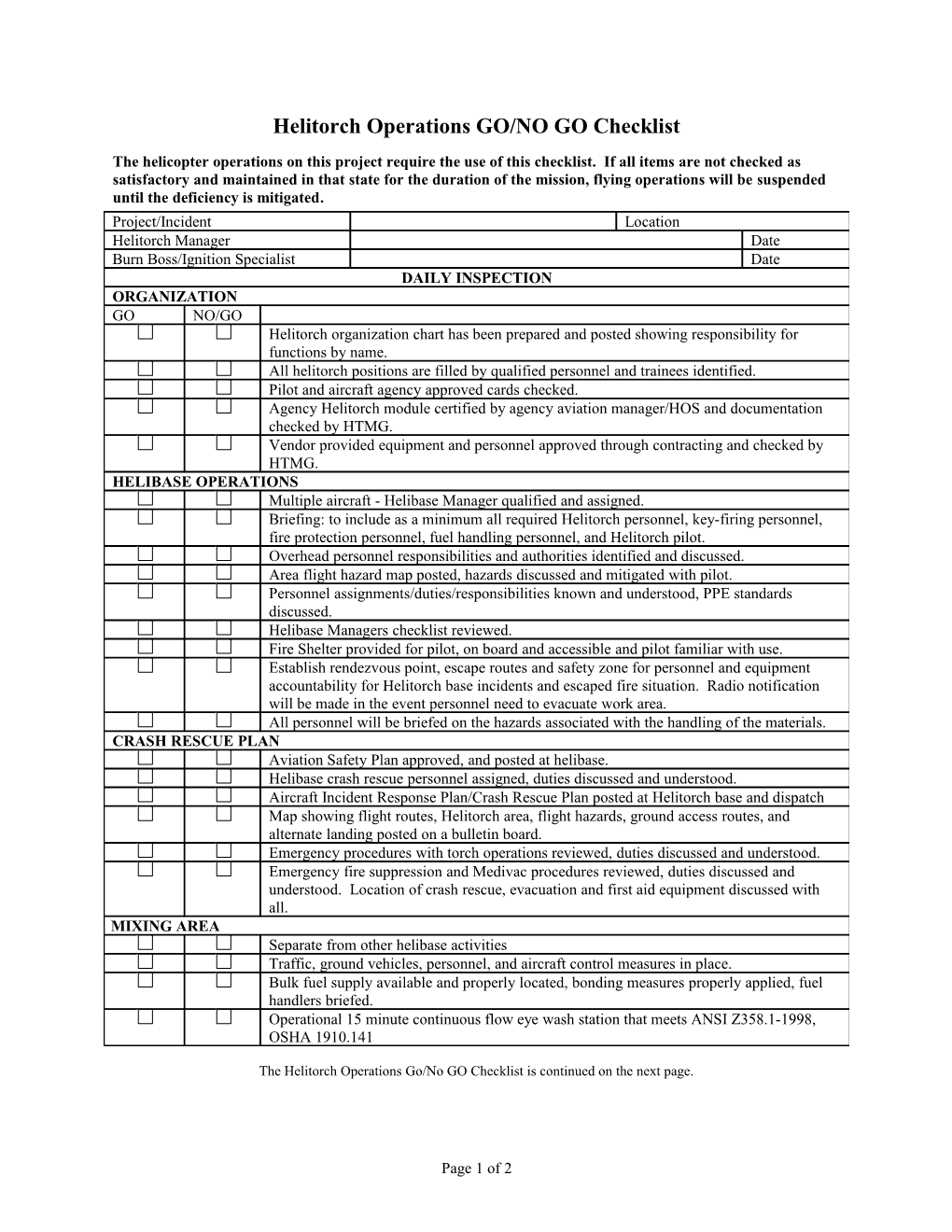 Helitorch Operations GO/NO GO Checklist