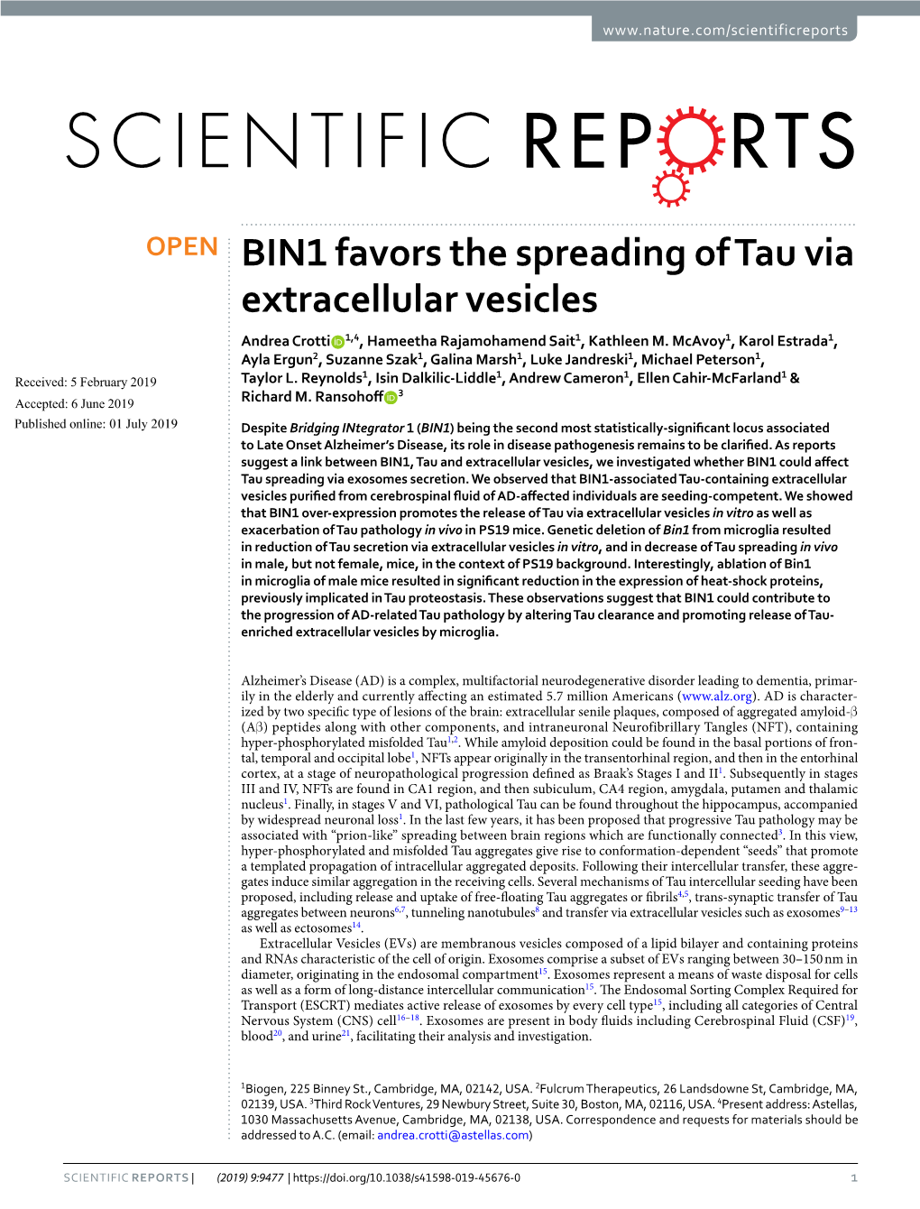 BIN1 Favors the Spreading of Tau Via Extracellular Vesicles Andrea Crotti 1,4, Hameetha Rajamohamend Sait1, Kathleen M