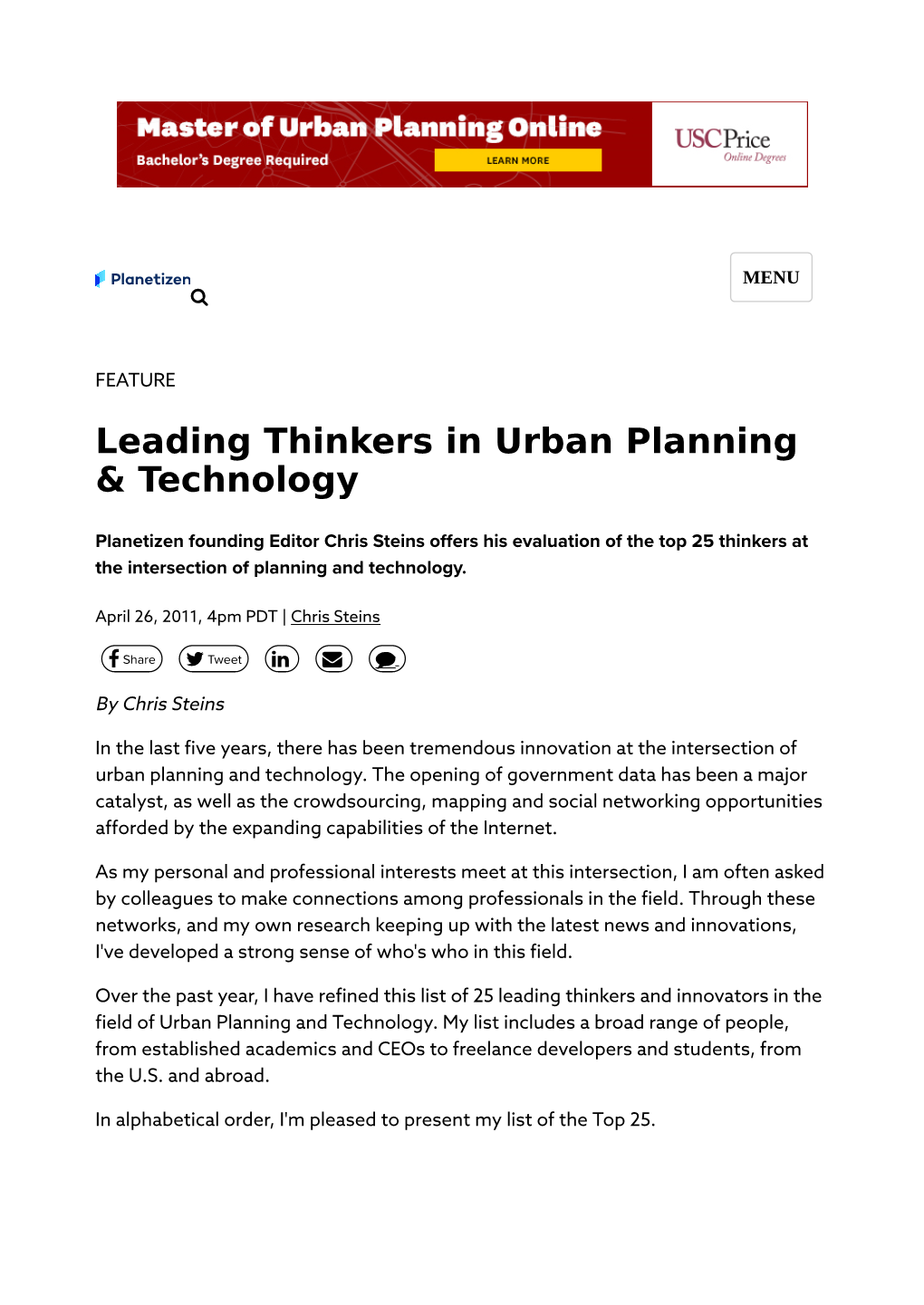 Planetizen Founding Editor Chris Steins Offers His Evaluation of the Top 25 Thinkers at the Intersection of Planning and Technology